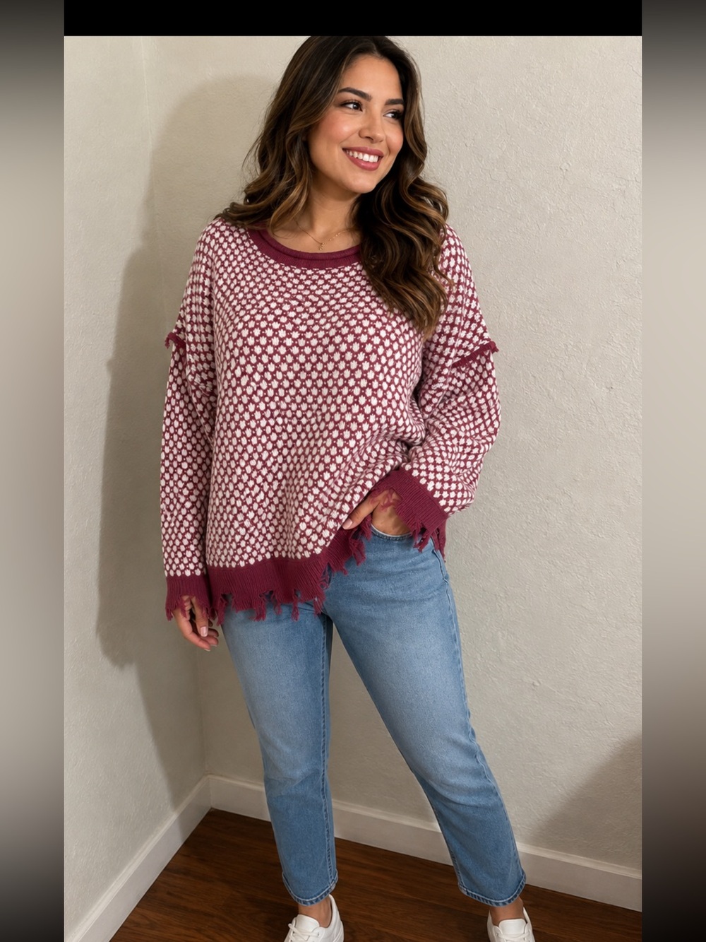eesome Pink and White Knit Crewneck Sweater with Distressed Hem